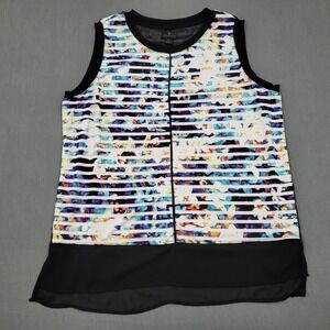 Worthington Womens Large Floral Striped Mixed Media Sleeveless Blouse Black Blue